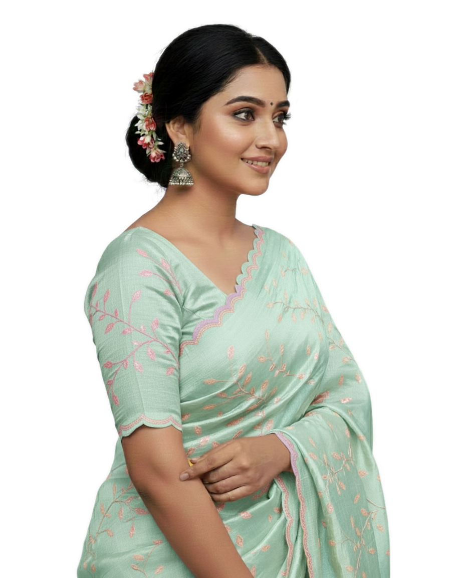 Apsara Silk Premium Saree in Sap Green with Gold Leaf Motifs & Scalloped Border – Elegant Traditional Wear