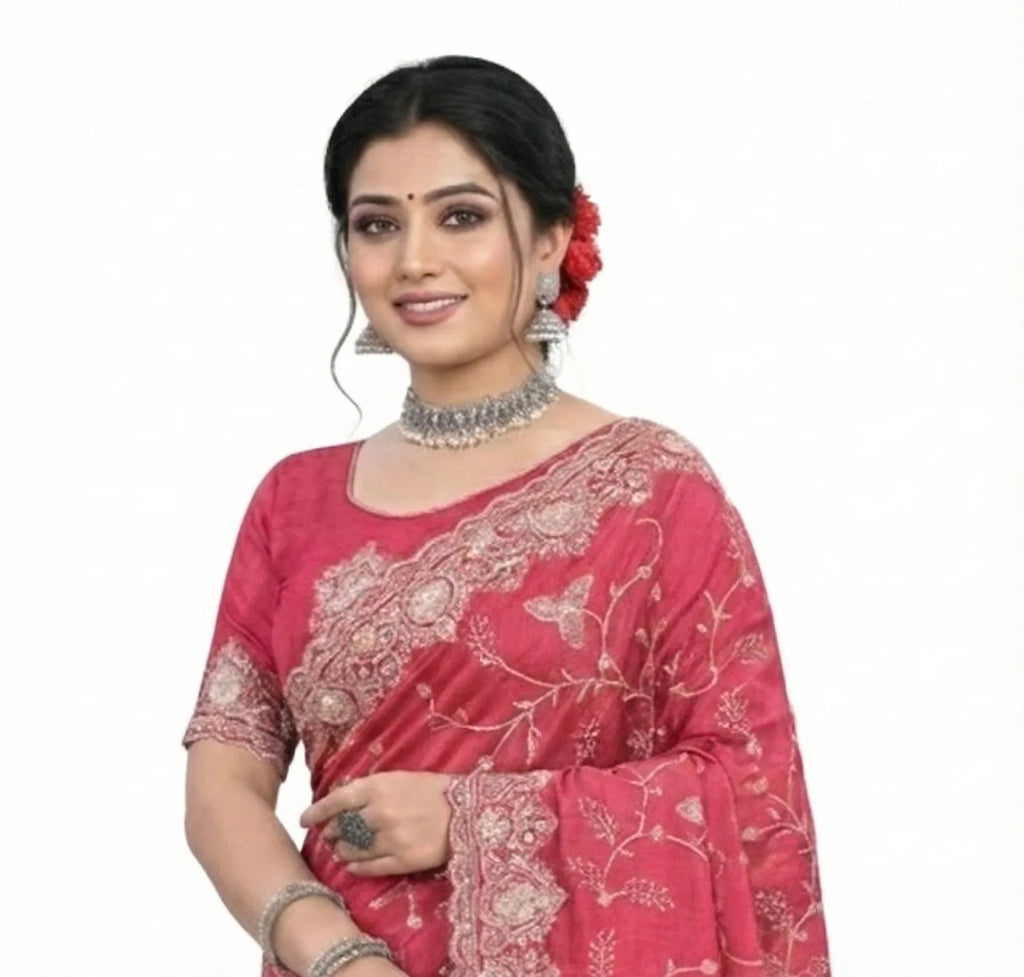 Jwalamukhi Silk Premium Saree in Pink with Gold Zari Border & Floral Design – Elegant Traditional Wear