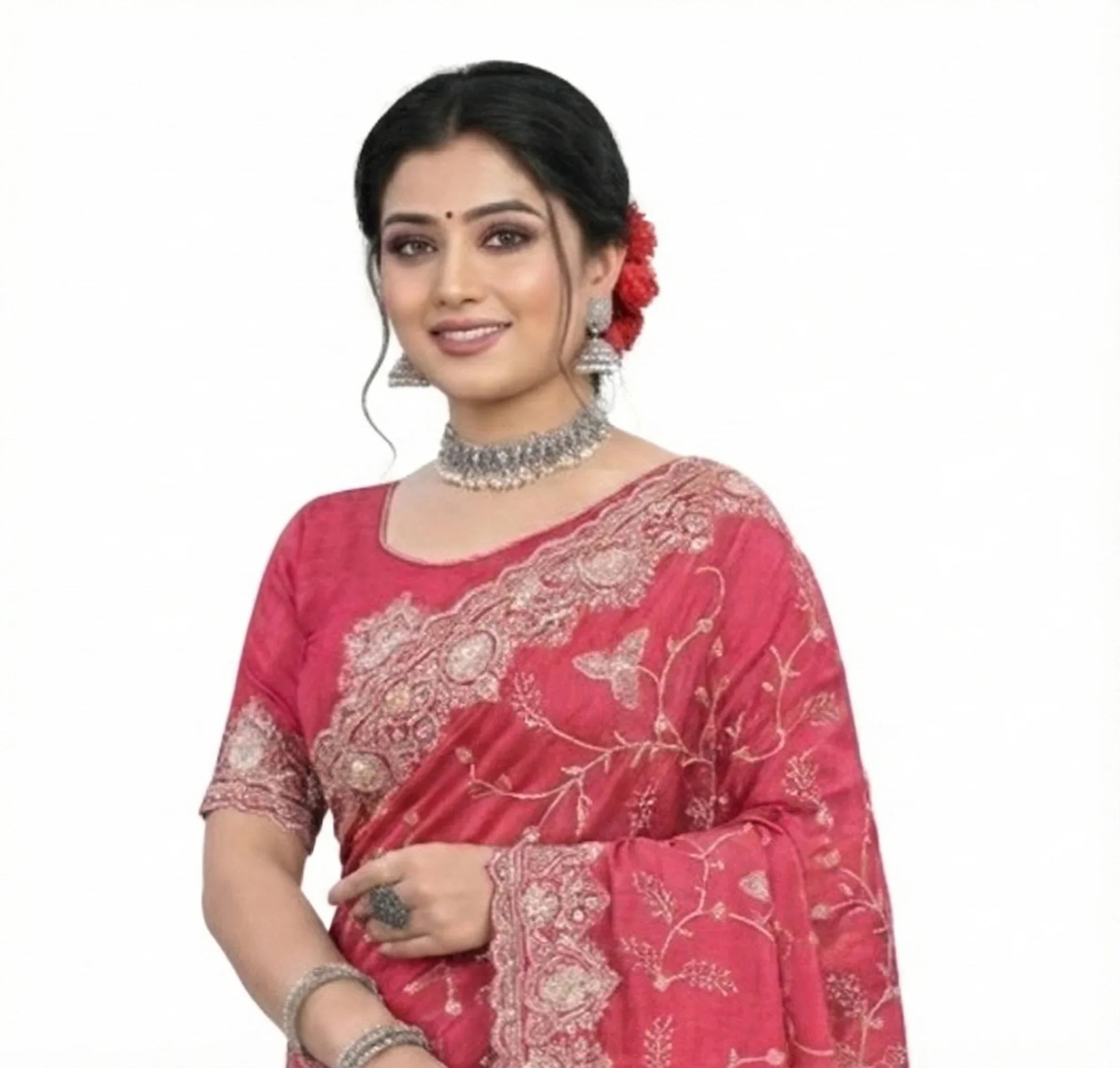 Jwalamukhi Silk Premium Saree in Pink with Gold Zari Border & Floral Design – Elegant Traditional Wear