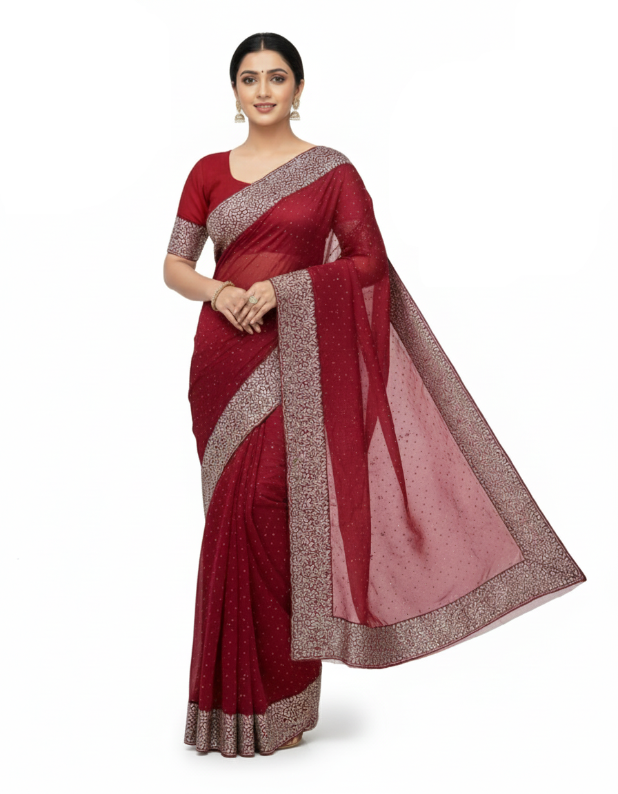 Shub Vivah Silk Premium Saree in Maroon with Silver Embroidery – Elegant Wedding Wear