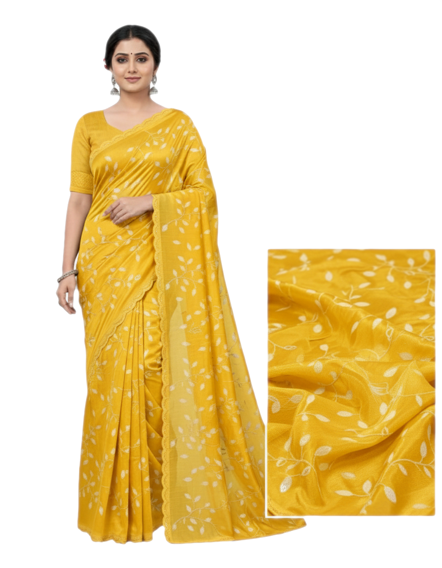 Apsara Silk Premium Saree in Yellow with Gold Leaf Motifs & Scalloped Border – Elegant Traditional Wear