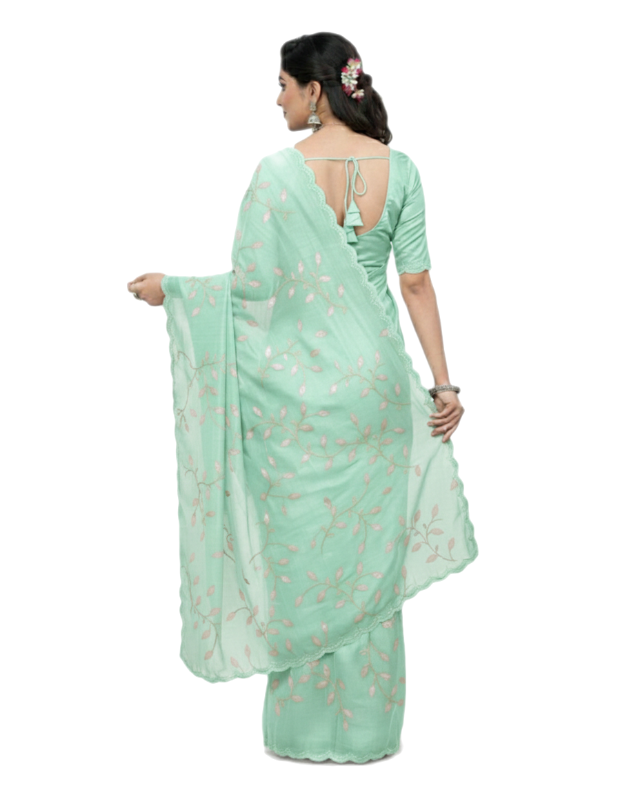 Apsara Silk Premium Saree in Sap Green with Gold Leaf Motifs & Scalloped Border – Elegant Traditional Wear