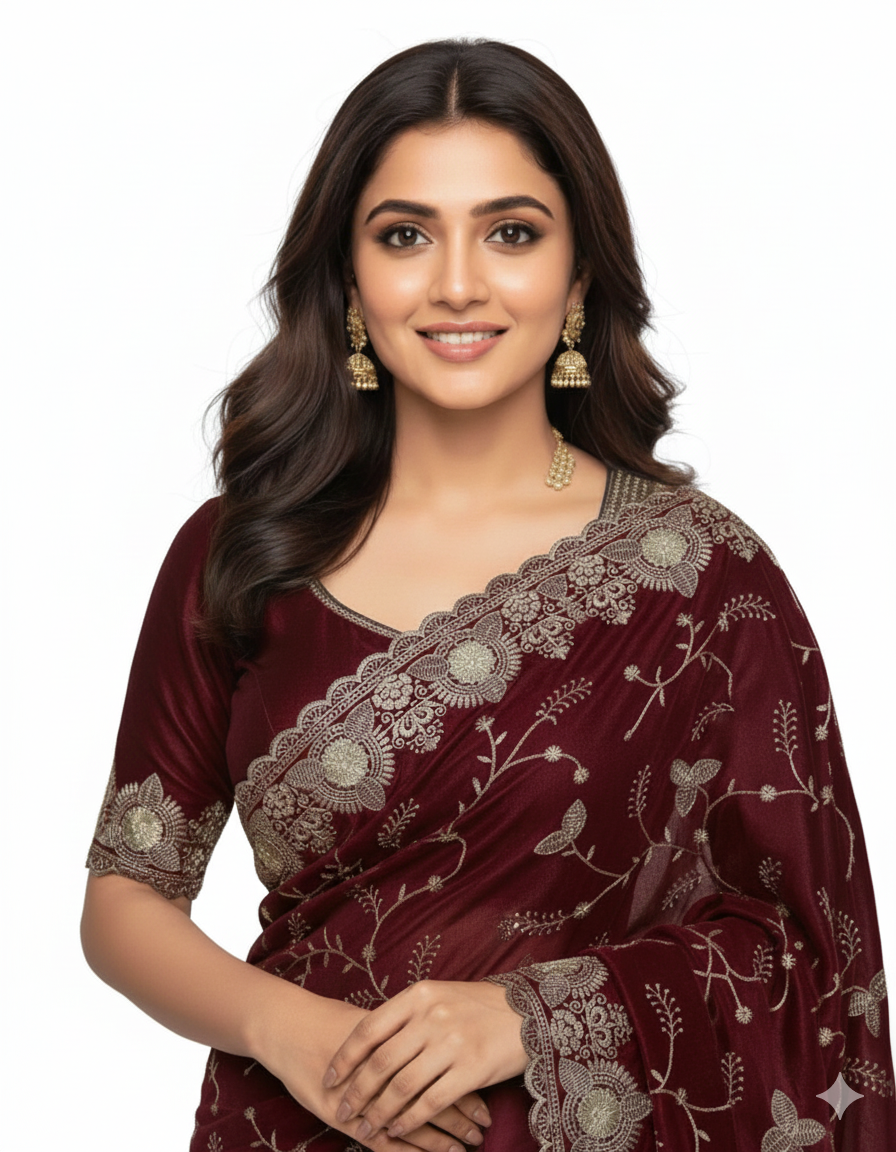 Jwalamukhi Silk Premium Saree in Maroon with Gold Zari Border & Floral Design – Elegant Traditional Wear