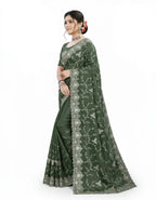 Jwalamukhi Silk Premium Saree in Green with Gold Zari Border & Floral Design – Elegant Traditional Wear