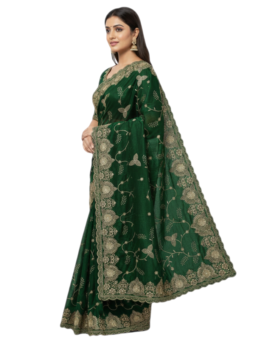 Jwalamukhi Silk Premium Saree in Green with Gold Zari Border & Floral Design – Elegant Traditional Wear