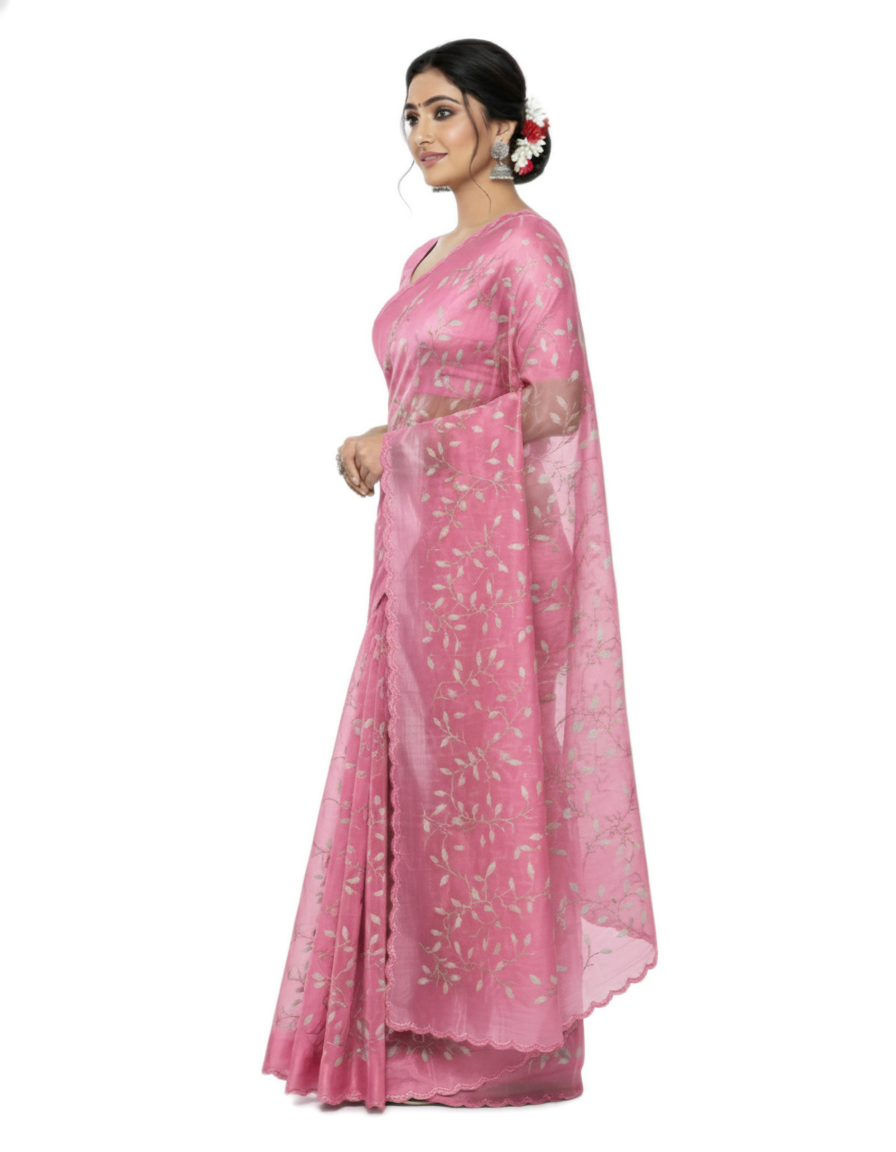 Apsara Silk Premium Saree in Light Pink with Gold Leaf Motifs & Scalloped Border – Elegant Traditional Wear