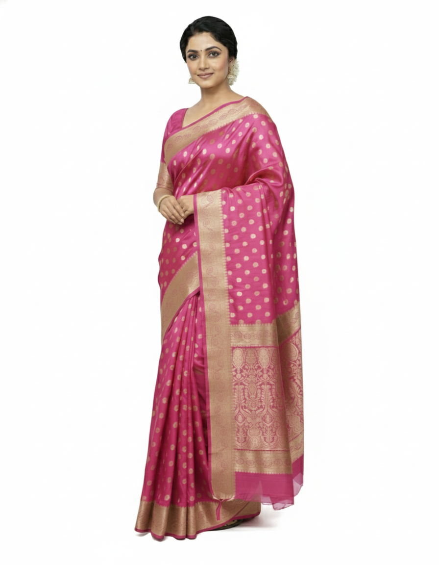 Gajanand Silk Premium Saree in Pretty Pink with Gold Zari Border & Floral Design – Elegant Traditional Wear