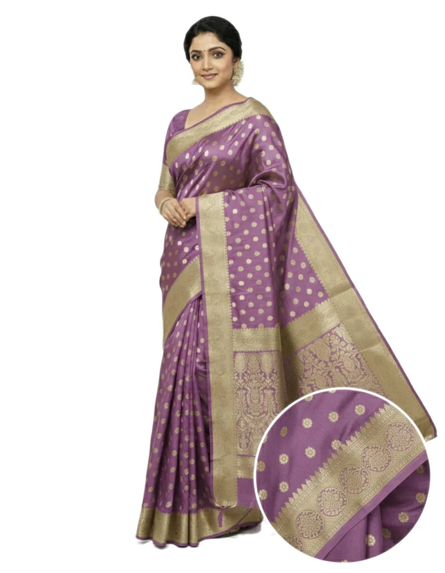 Gajanand Silk Premium Saree in Lavender Purple with Gold Zari Border & Floral Design – Elegant Traditional Wear