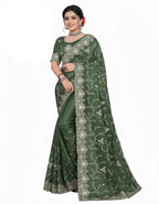 Jwalamukhi Silk Premium Saree in Green with Gold Zari Border & Floral Design – Elegant Traditional Wear