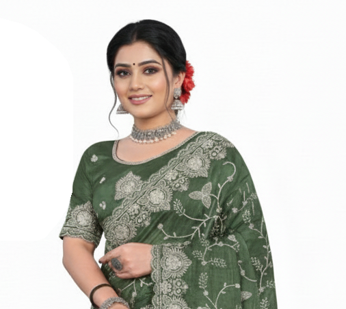 Jwalamukhi Silk Premium Saree in Green with Gold Zari Border & Floral Design – Elegant Traditional Wear