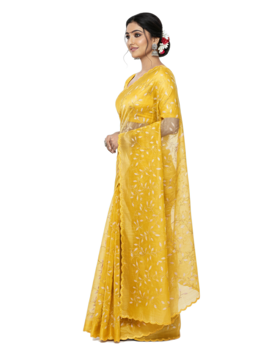 Apsara Silk Premium Saree in Yellow with Gold Leaf Motifs & Scalloped Border – Elegant Traditional Wear