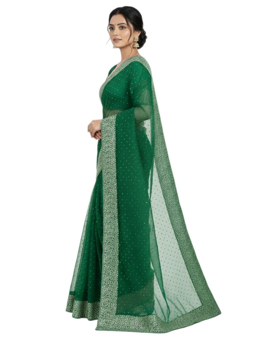 Shub Vivah Silk Premium Saree in Green with Silver Embroidery – Elegant Wedding Wear