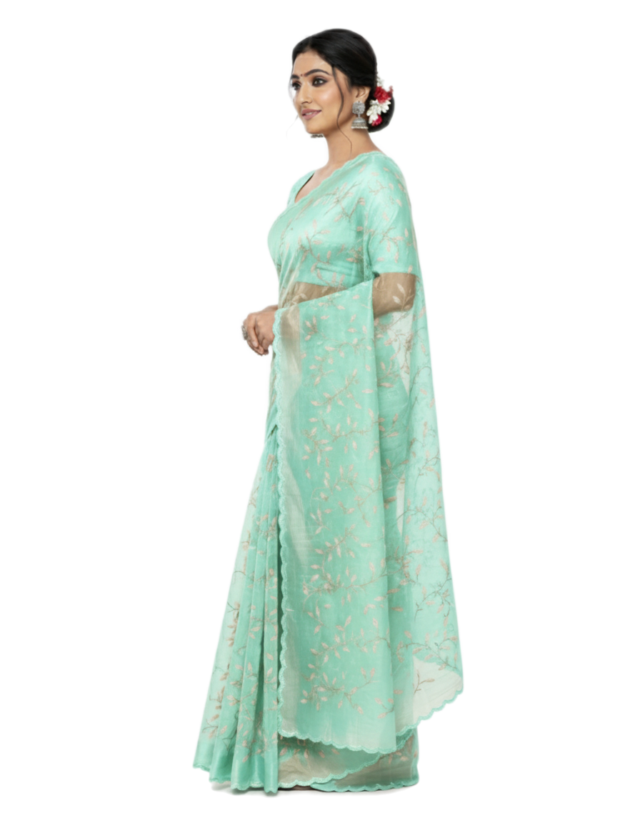 Apsara Silk Premium Saree in Sap Green with Gold Leaf Motifs & Scalloped Border – Elegant Traditional Wear