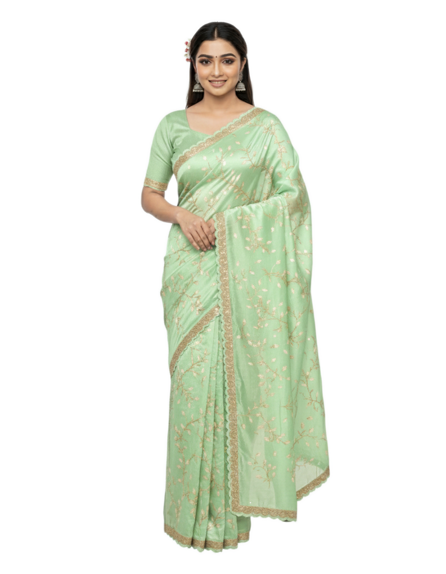 Apsara Silk Premium Saree in Mint Green with Gold Leaf Motifs & Scalloped Border – Elegant Traditional Wear