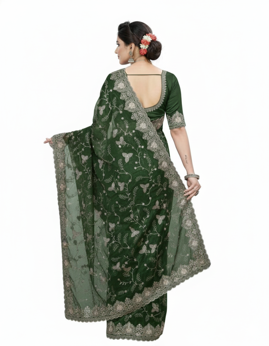 Jwalamukhi Silk Premium Saree in Green with Gold Zari Border & Floral Design – Elegant Traditional Wear