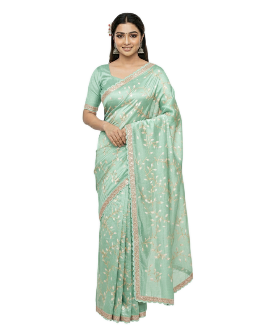 Apsara Silk Premium Saree in Sap Green with Gold Leaf Motifs & Scalloped Border – Elegant Traditional Wear