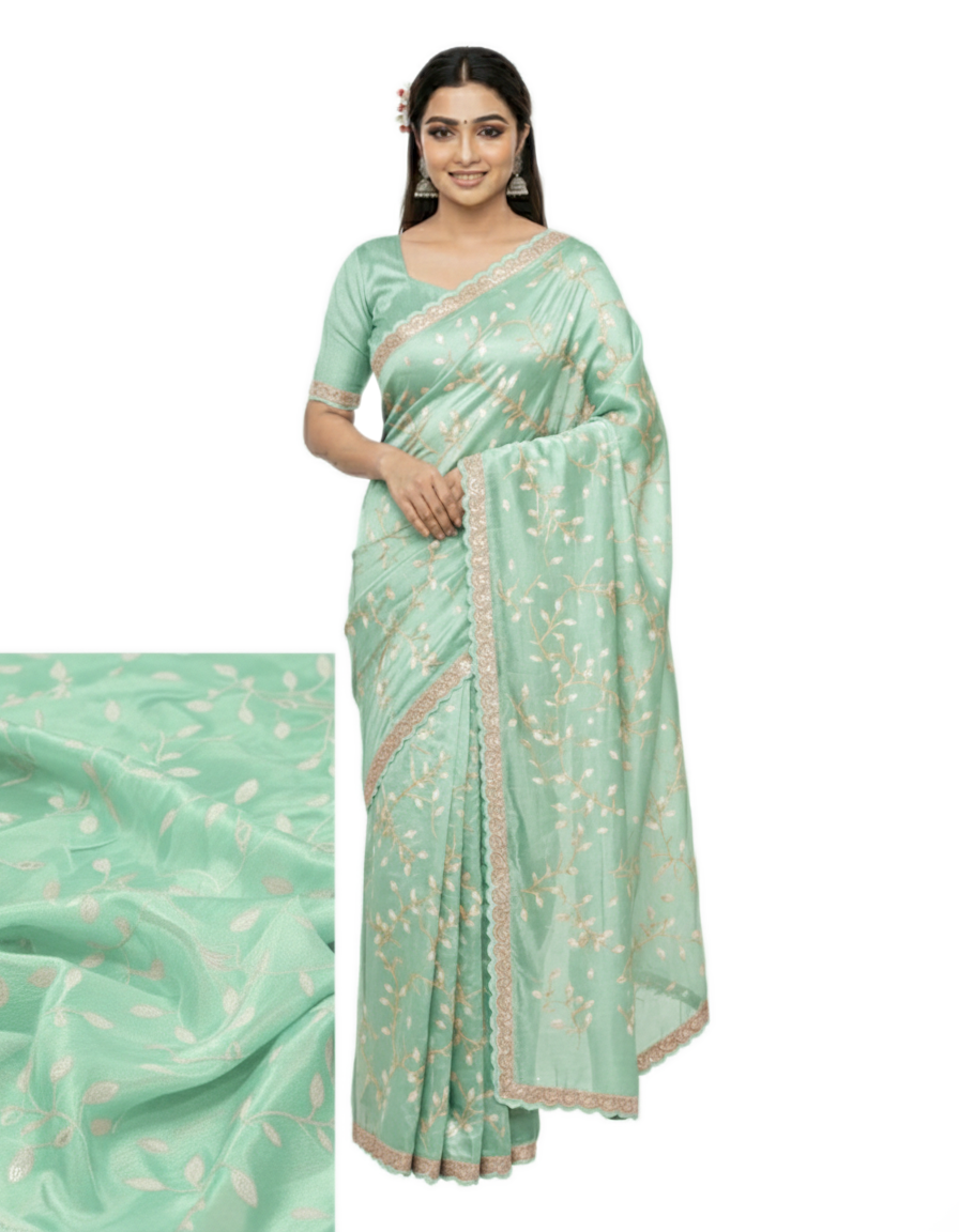 Apsara Silk Premium Saree in Sap Green with Gold Leaf Motifs & Scalloped Border – Elegant Traditional Wear