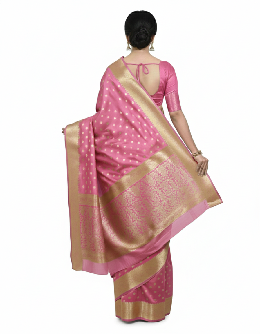 Gajanand Silk Premium Saree in Pretty Pink with Gold Zari Border & Floral Design – Elegant Traditional Wear