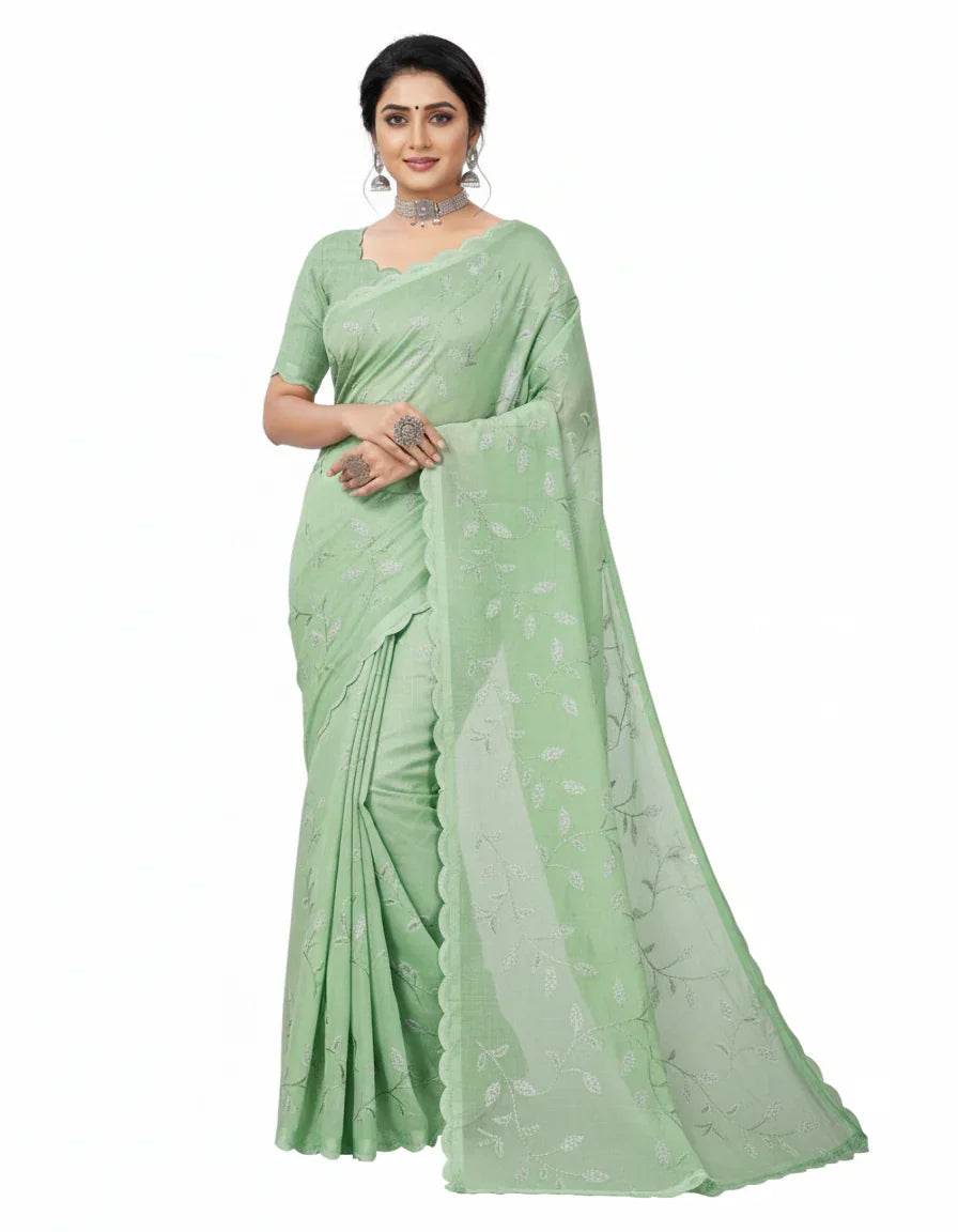 Apsara Silk Premium Saree in Mint Green with Gold Leaf Motifs & Scalloped Border – Elegant Traditional Wear