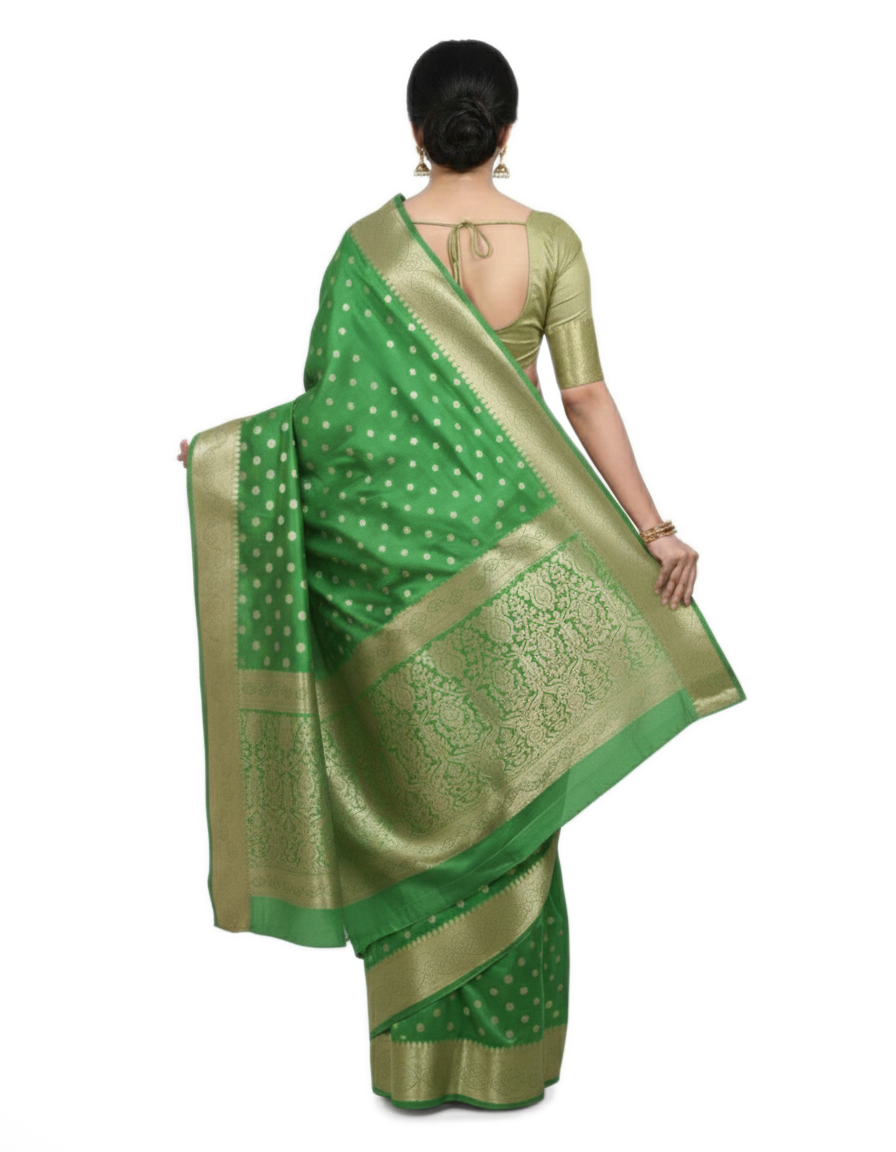 Gajanand Silk Premium Saree in Perot Green with Gold Zari Border & Floral Design – Elegant Traditional Wear