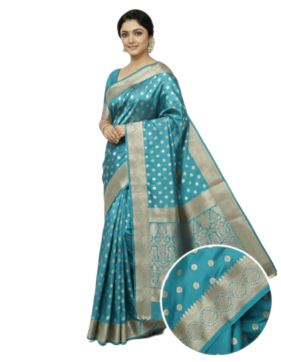 Gajanand Silk Premium Saree in Sky Blue with Gold Zari Border & Floral Design – Elegant Traditional Wear