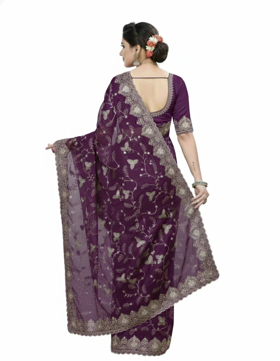 Jwalamukhi Silk Premium Saree in Purple with Gold Zari Border & Floral Design – Elegant Traditional Wear