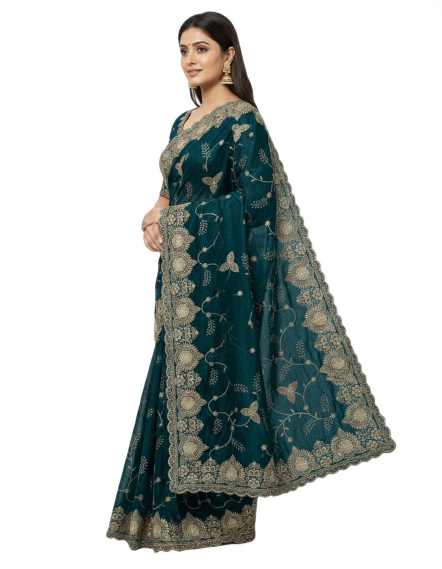Jwalamukhi Silk Premium Saree in Teal Blue with Gold Zari Border & Floral Design – Elegant Traditional Wear