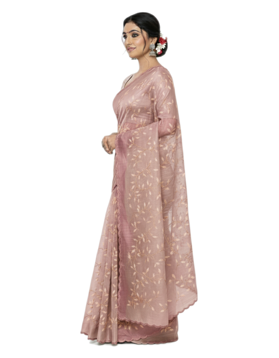 Apsara Silk Premium Saree in Brown with Gold Leaf Motifs & Scalloped Border – Elegant Traditional Wear