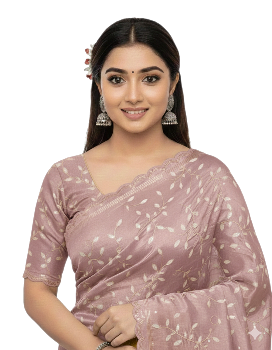 Apsara Silk Premium Saree in Brown with Gold Leaf Motifs & Scalloped Border – Elegant Traditional Wear