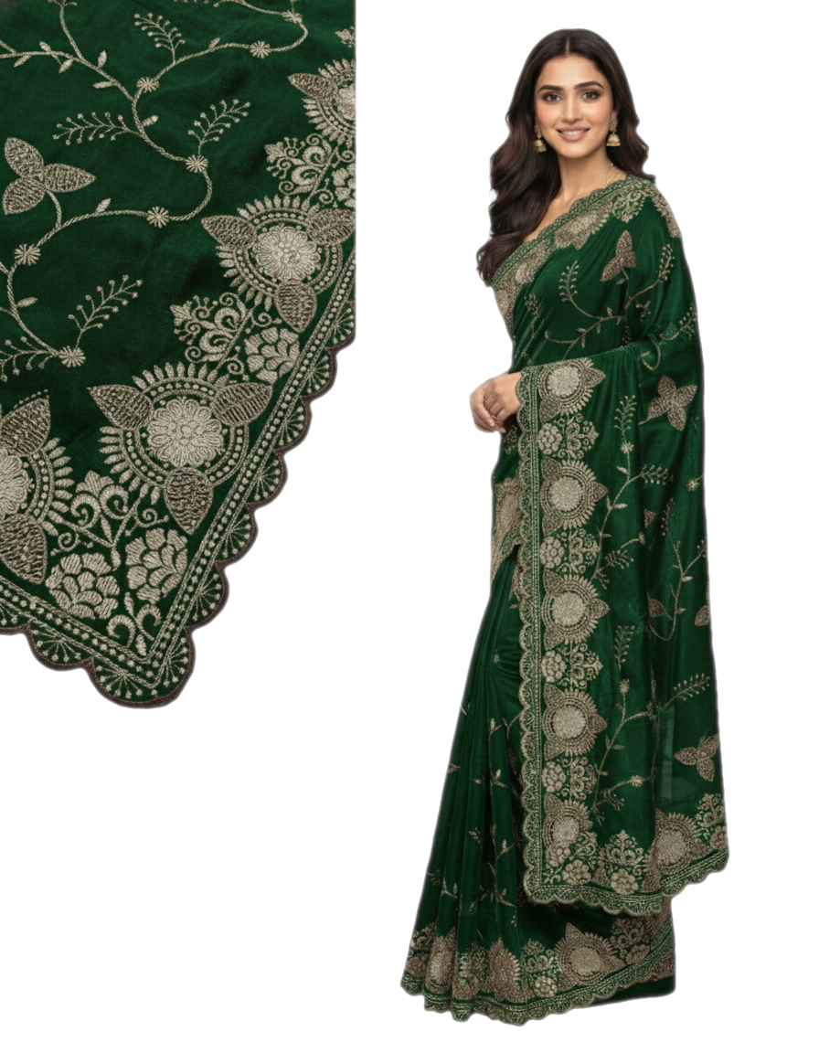Jwalamukhi Silk Premium Saree in Green with Gold Zari Border & Floral Design – Elegant Traditional Wear