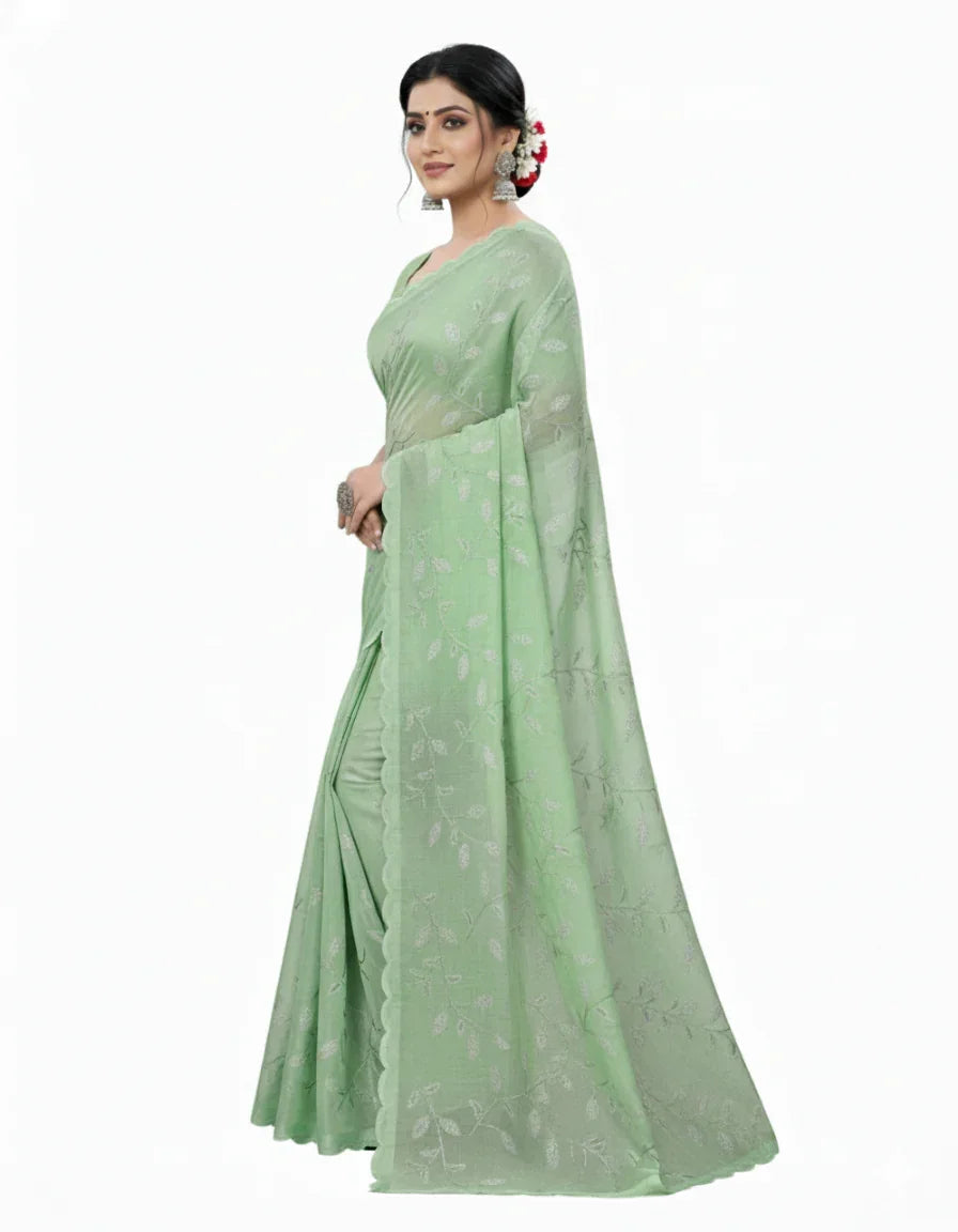 Apsara Silk Premium Saree in Mint Green with Gold Leaf Motifs & Scalloped Border – Elegant Traditional Wear