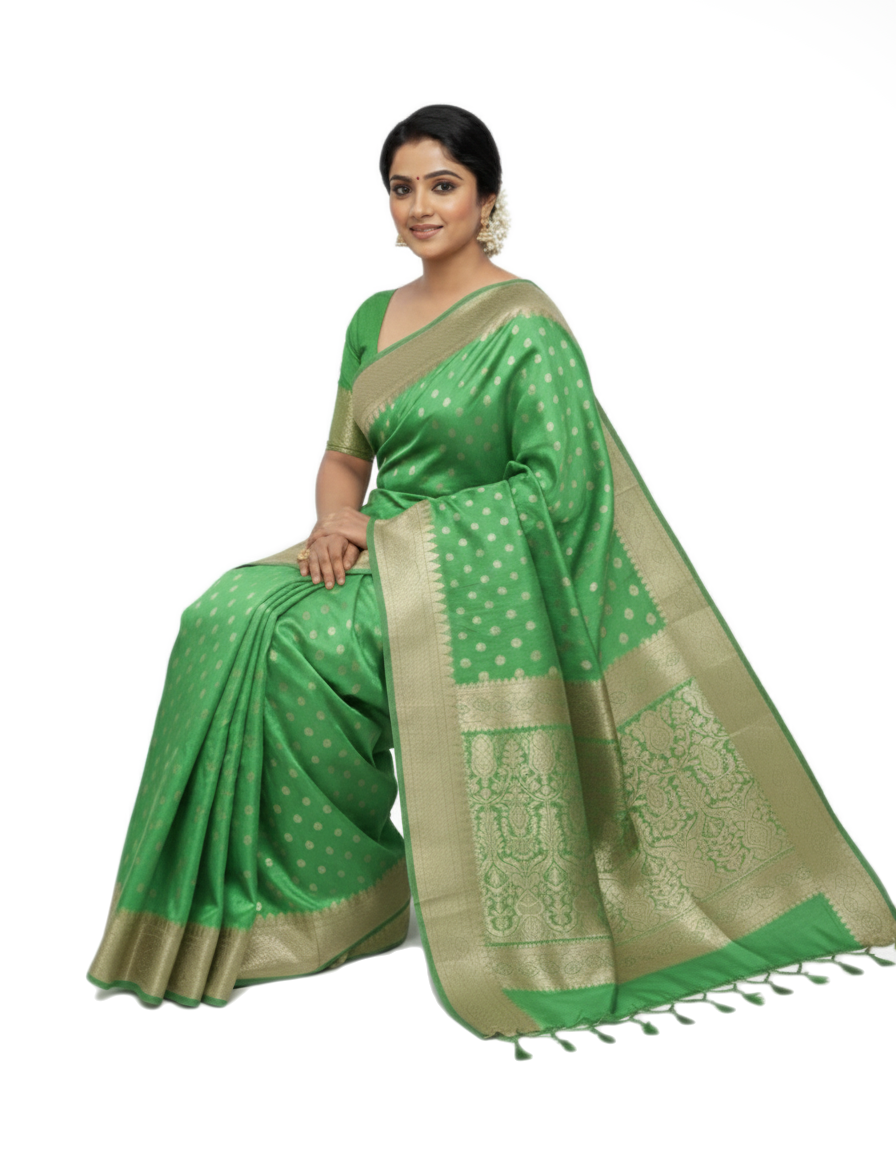Gajanand Silk Premium Saree in Perot Green with Gold Zari Border & Floral Design – Elegant Traditional Wear
