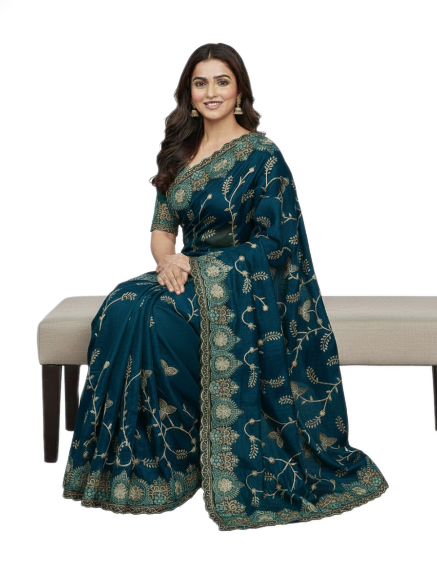 Jwalamukhi Silk Premium Saree in Teal Blue with Gold Zari Border & Floral Design – Elegant Traditional Wear