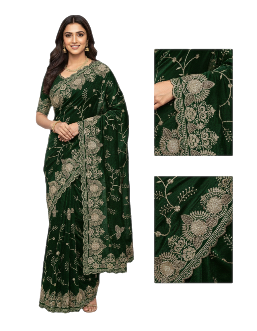 Jwalamukhi Silk Premium Saree in Green with Gold Zari Border & Floral Design – Elegant Traditional Wear