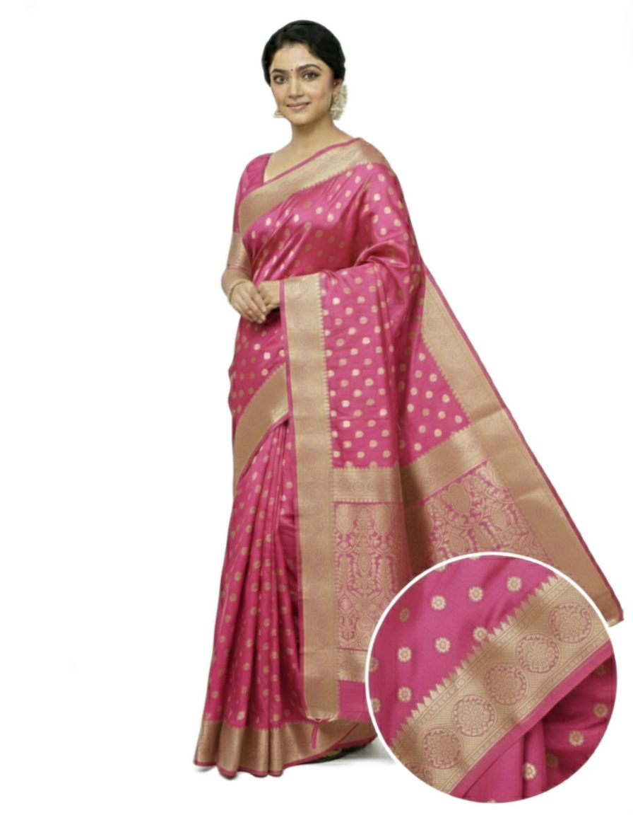 Gajanand Silk Premium Saree in Pretty Pink with Gold Zari Border & Floral Design – Elegant Traditional Wear