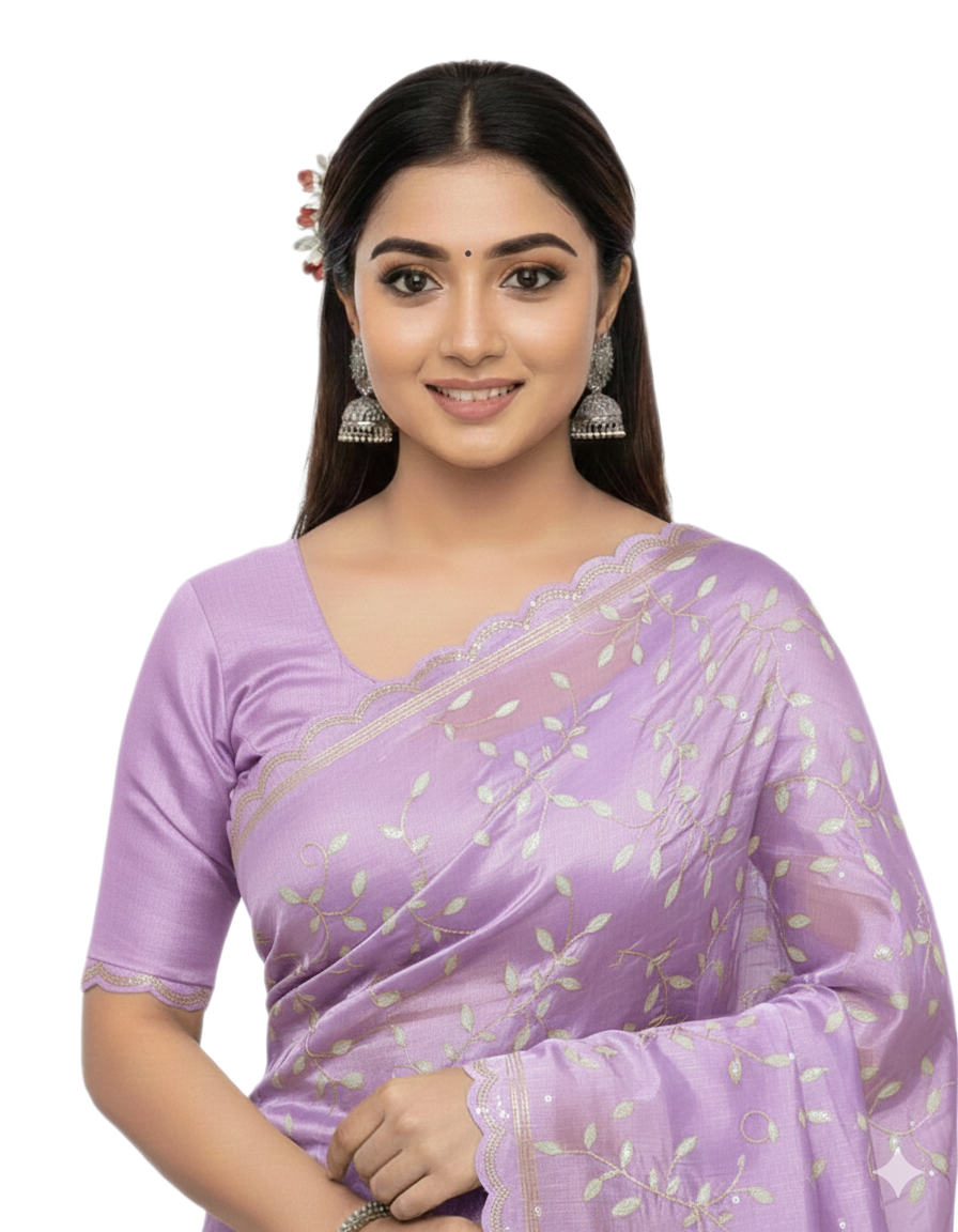 Apsara Silk Premium Saree in Purple with Gold Leaf Motifs & Scalloped Border – Elegant Traditional Wear