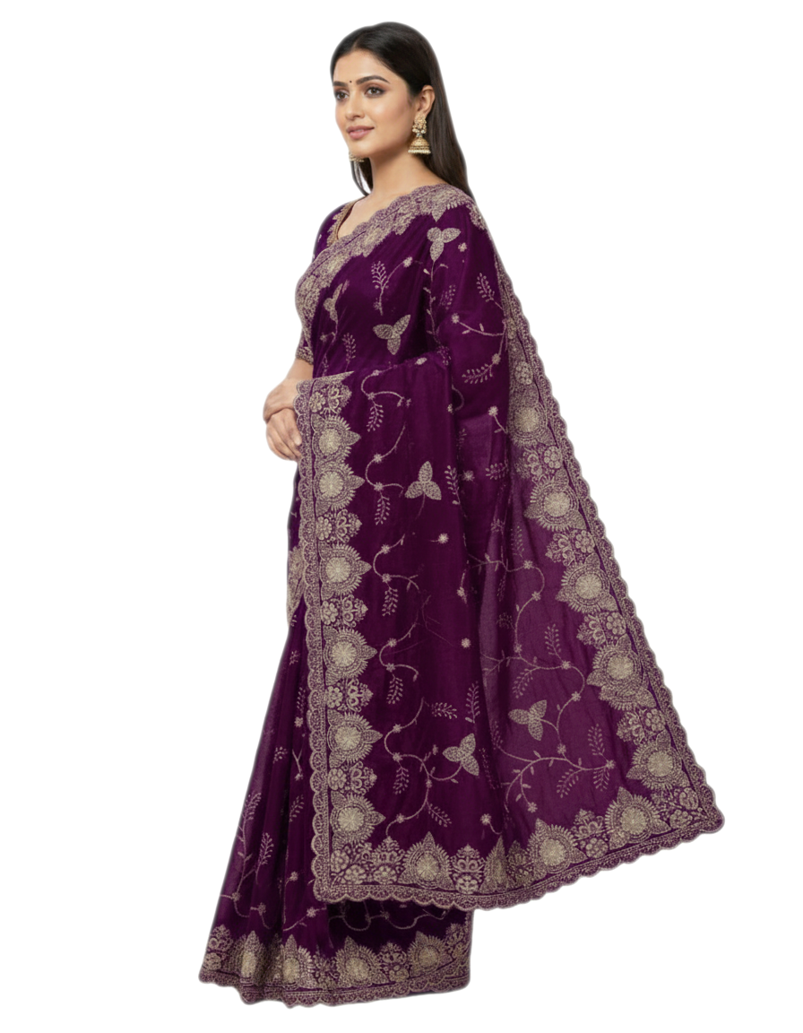 Jwalamukhi Silk Premium Saree in Purple with Gold Zari Border & Floral Design – Elegant Traditional Wear