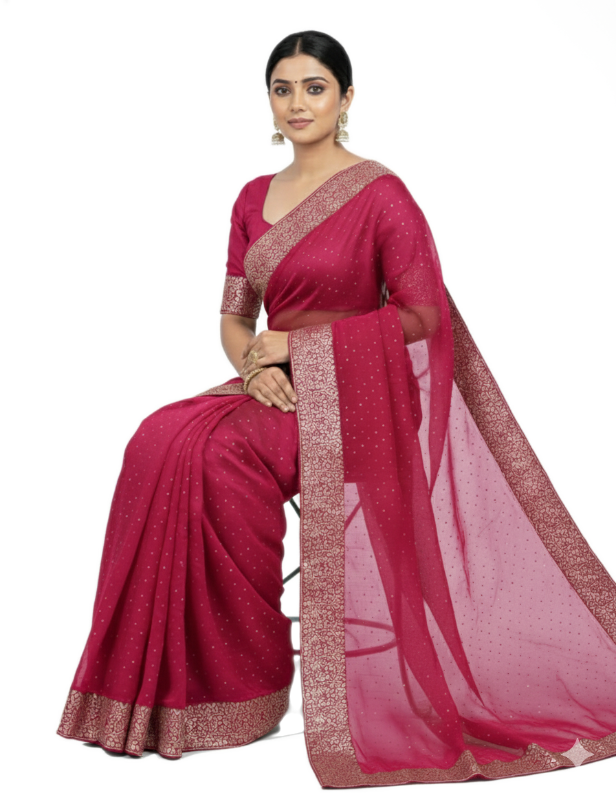 Shub Vivah Silk Premium Saree in Ruby Pink with Silver Embroidery – Elegant Wedding Wear