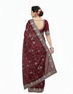 Jwalamukhi Silk Premium Saree in Maroon with Gold Zari Border & Floral Design – Elegant Traditional Wear