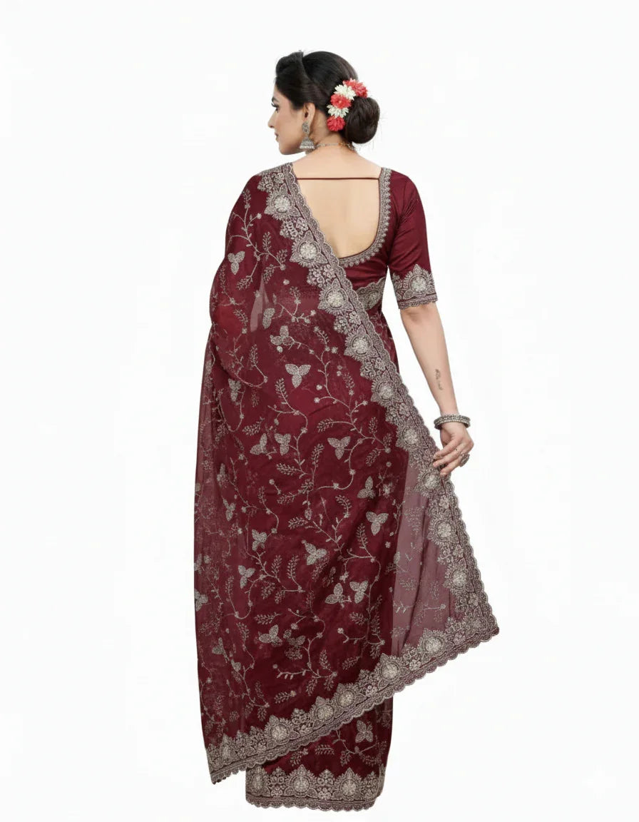 Jwalamukhi Silk Premium Saree in Maroon with Gold Zari Border & Floral Design – Elegant Traditional Wear