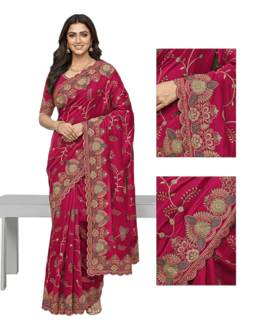 Jwalamukhi Silk Premium Saree in Pink with Gold Zari Border & Floral Design – Elegant Traditional Wear