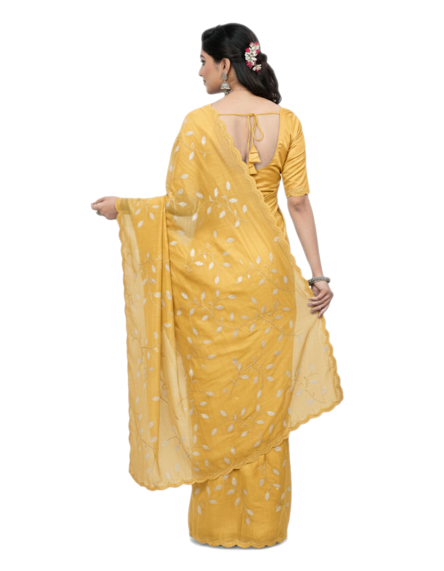 Apsara Silk Premium Saree in Yellow with Gold Leaf Motifs & Scalloped Border – Elegant Traditional Wear