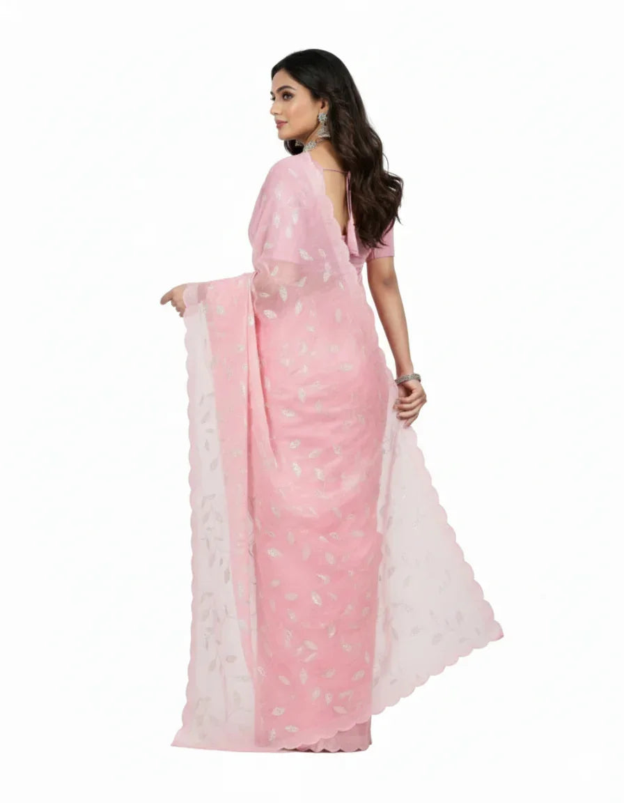 Apsara Silk Premium Saree in Light Pink with Gold Leaf Motifs & Scalloped Border – Elegant Traditional Wear