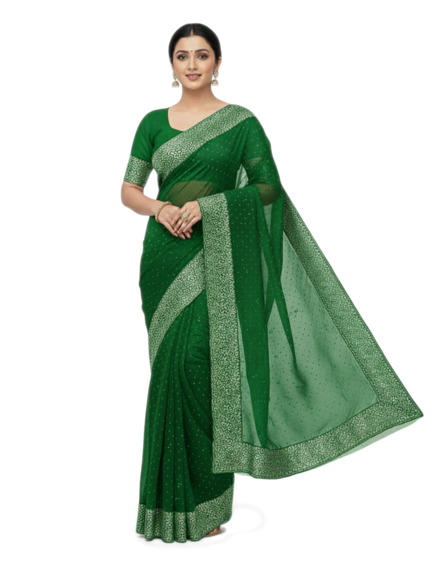 Shub Vivah Silk Premium Saree in Green with Silver Embroidery – Elegant Wedding Wear