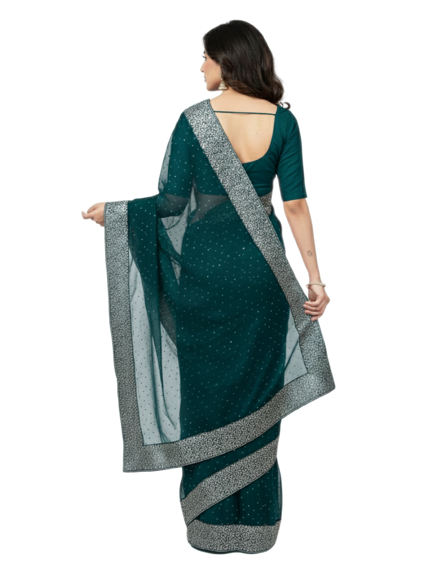Shub Vivah Silk Premium Saree in Teal Blue with Silver Embroidery – Elegant Wedding Wear