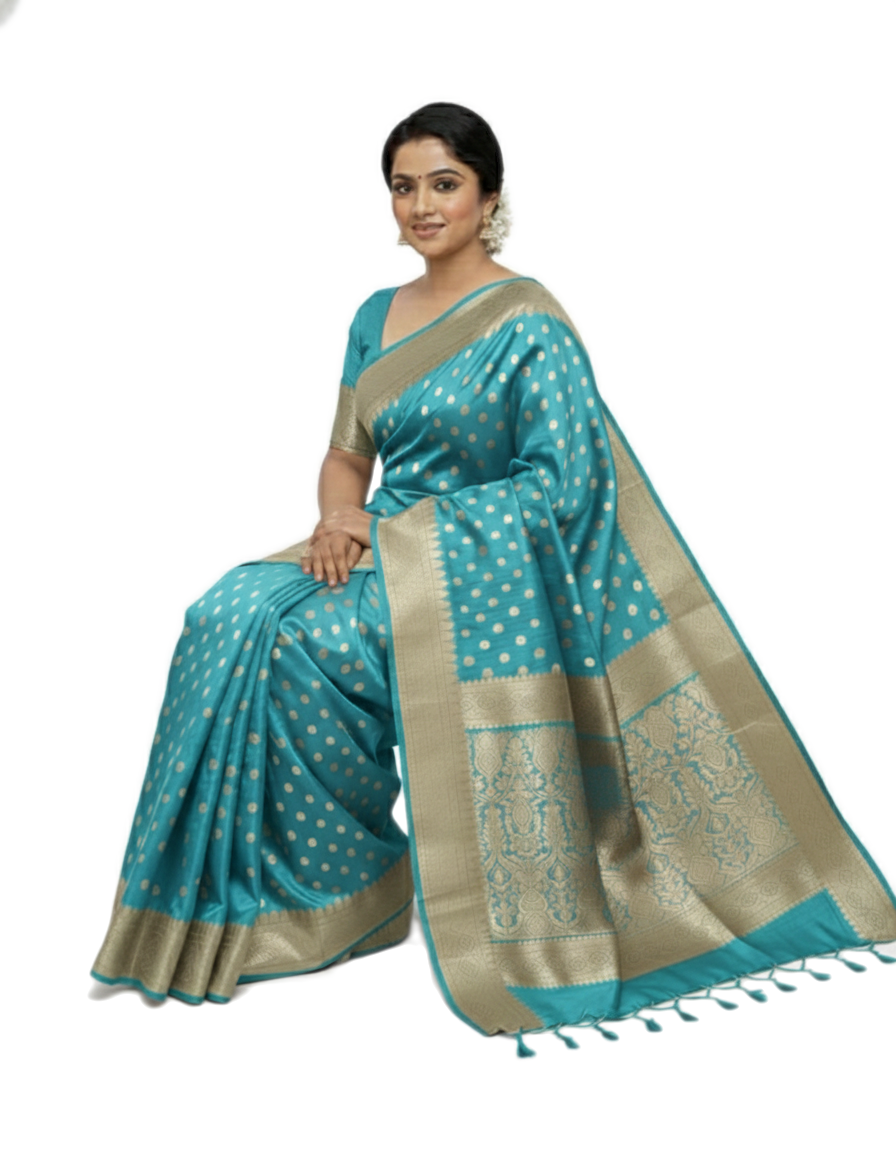 Gajanand Silk Premium Saree in Sky Blue with Gold Zari Border & Floral Design – Elegant Traditional Wear