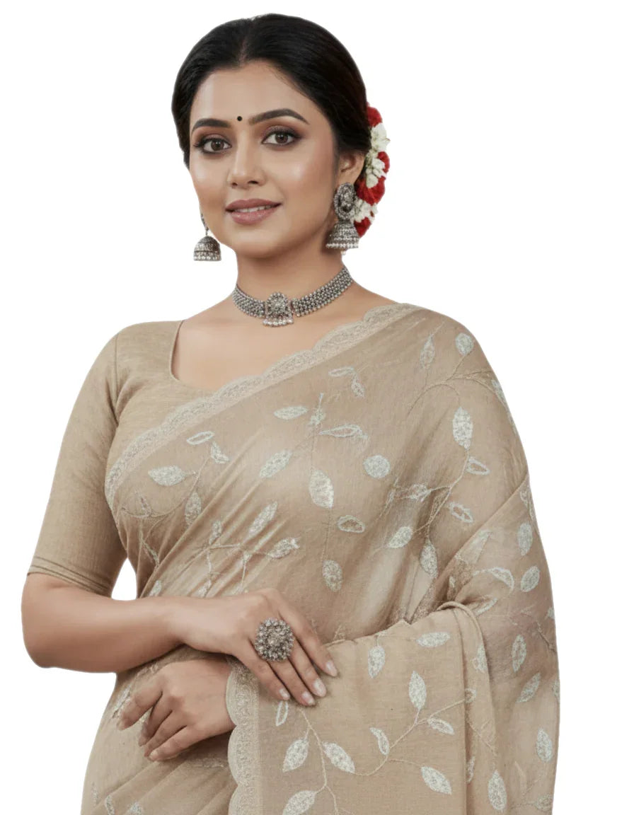 Apsara Silk Premium Saree in Brown with Gold Leaf Motifs & Scalloped Border – Elegant Traditional Wear