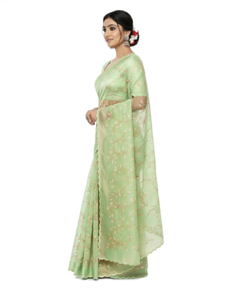 Apsara Silk Premium Saree in Mint Green with Gold Leaf Motifs & Scalloped Border – Elegant Traditional Wear