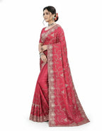 Jwalamukhi Silk Premium Saree in Pink with Gold Zari Border & Floral Design – Elegant Traditional Wear