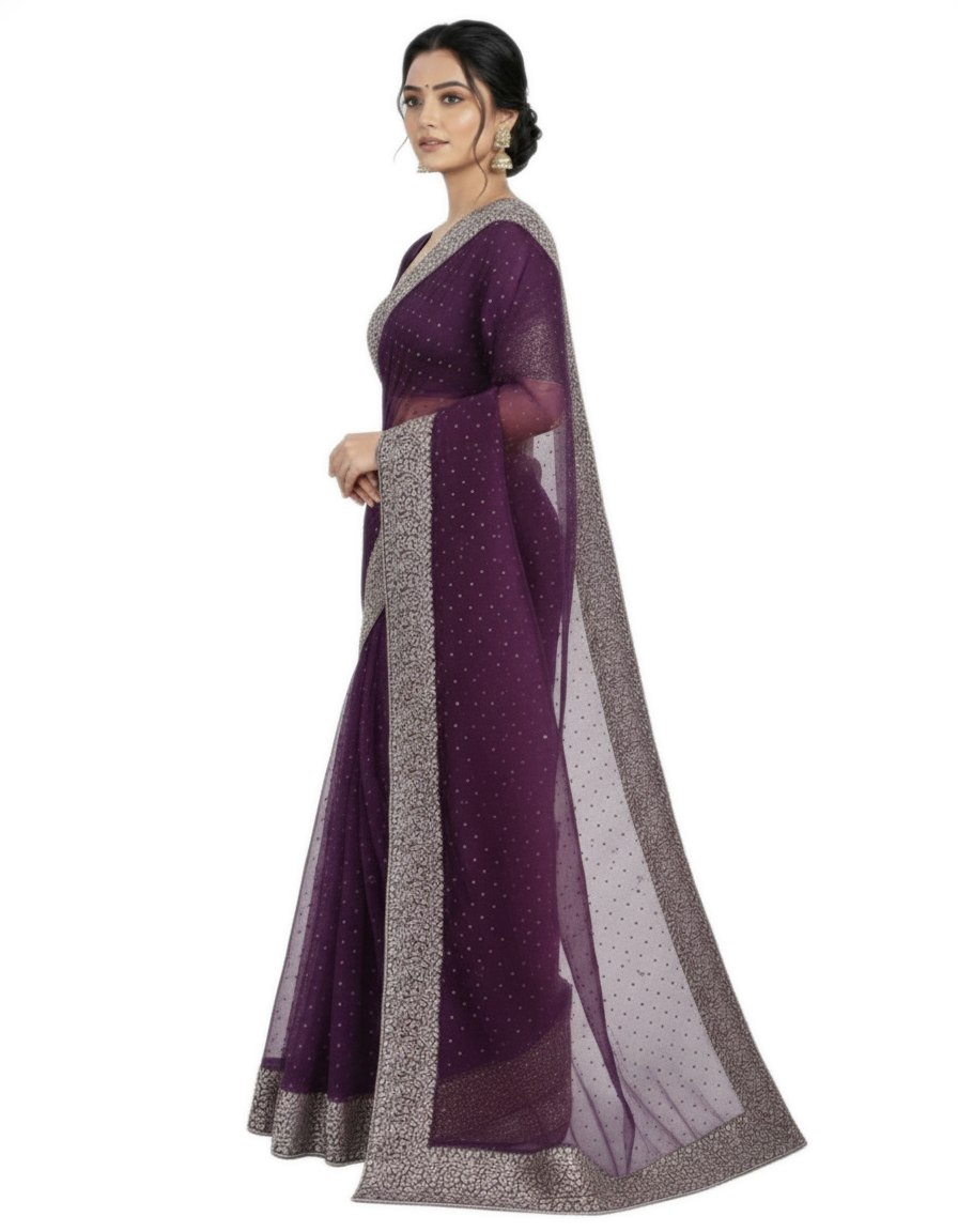 Shub Vivah Silk Premium Saree in Purple with Silver Embroidery – Elegant Wedding Wear